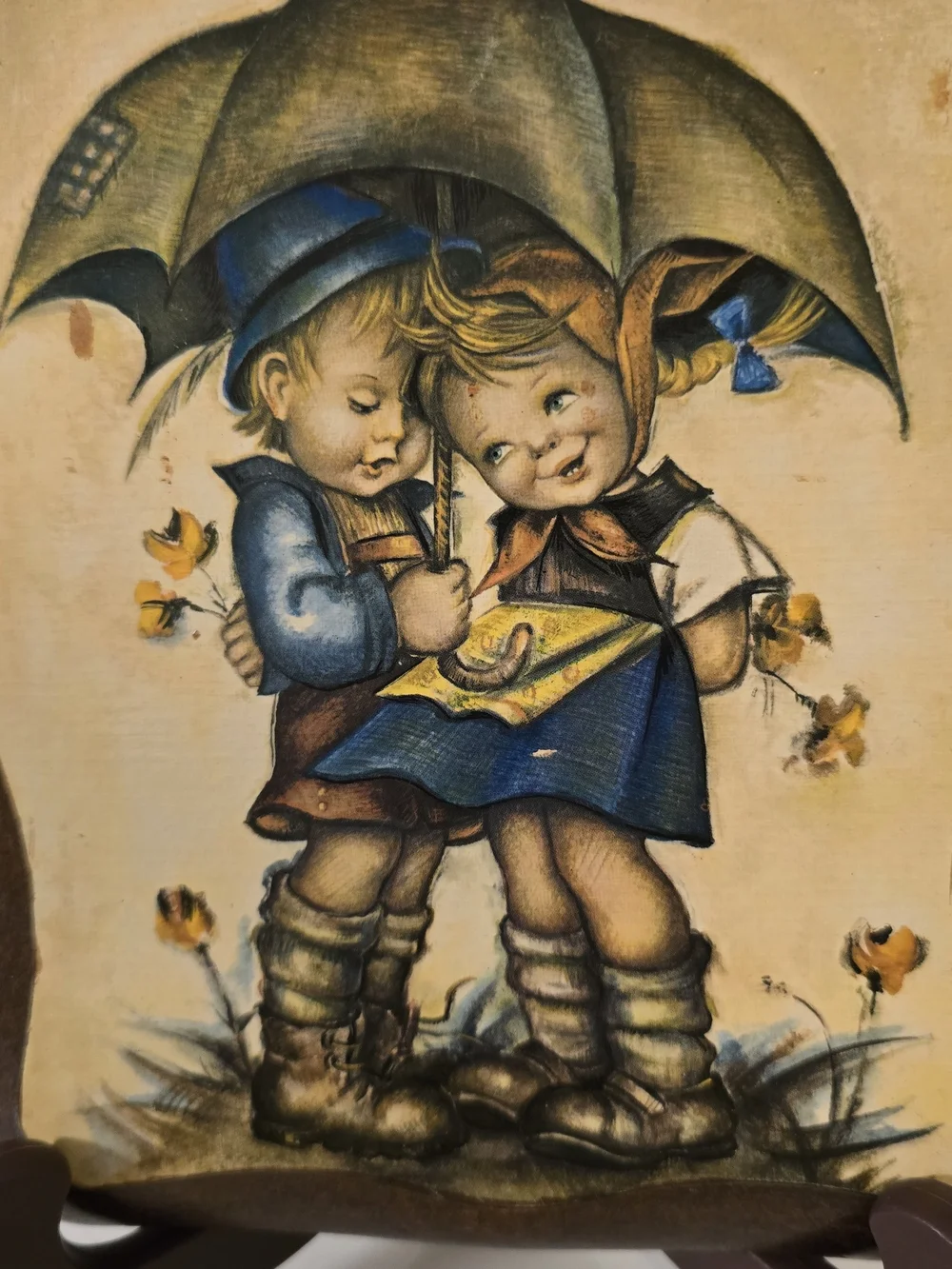 Vintage Evans Hummel Style Wood Plaque Boy Girl Umbrella Scafa-Tornabene 1970s